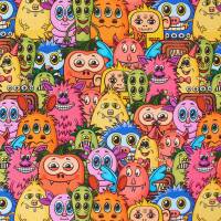 French Terry Stoff lustige Monster, mehrfarbig