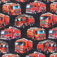 French Terry Stoff Feuerwehrautos, ungeraut, schwarz