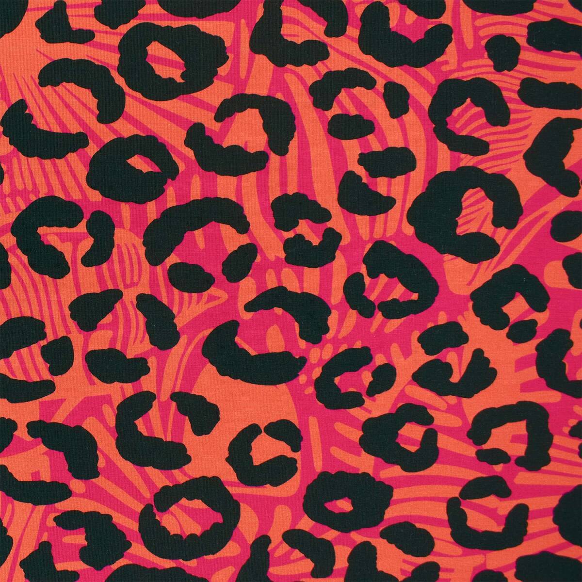 French Terry Stoff Leoprint, pink/orange box