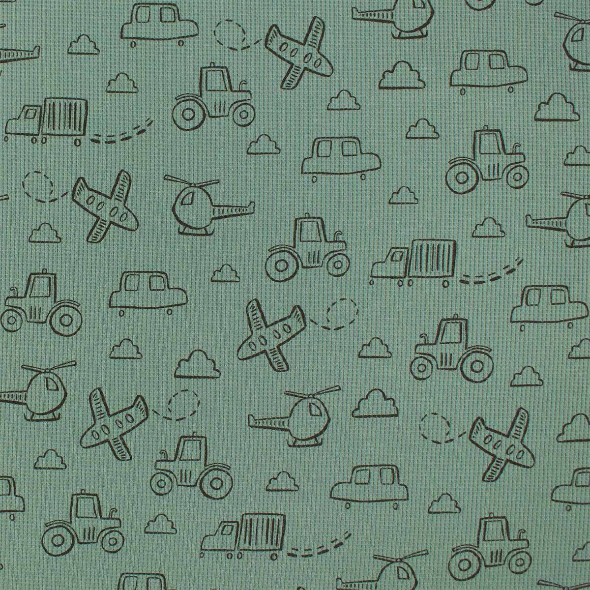 Waffeljersey Stoff Fahrzeuge, eukalyptus box