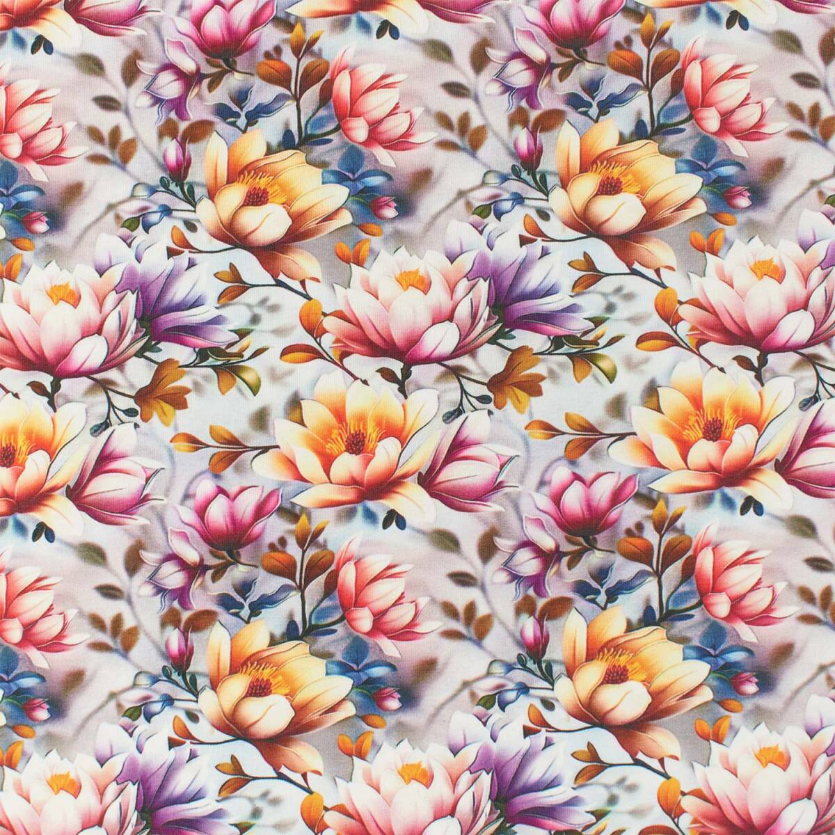Jersey Stoff bunte Magnolien, mehrfarbig