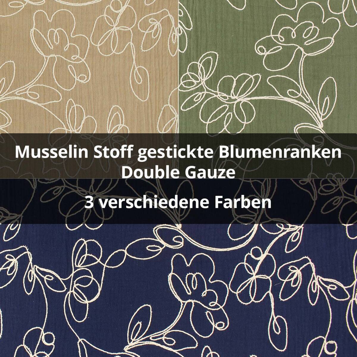 Musselin Stoff gestickte Blumenranken, Double Gauze