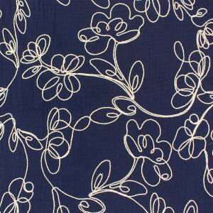 Musselin Stoff gestickte Blumenranken, Double Gauze, marine