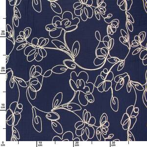 Musselin Stoff gestickte Blumenranken, Double Gauze, marine
