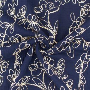 Musselin Stoff gestickte Blumenranken, Double Gauze, marine