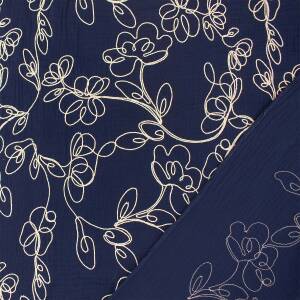 Musselin Stoff gestickte Blumenranken, Double Gauze, marine