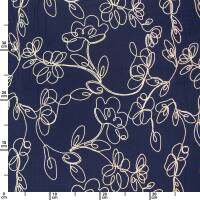 Musselin Stoff gestickte Blumenranken, Double Gauze, marine
