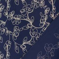 Musselin Stoff gestickte Blumenranken, Double Gauze, marine