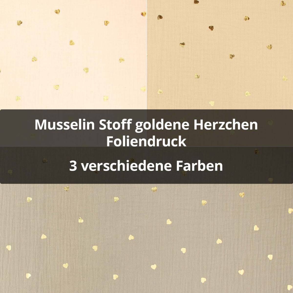 Musselin Stoff goldene Herzchen, Foliendruck, Double Gauze