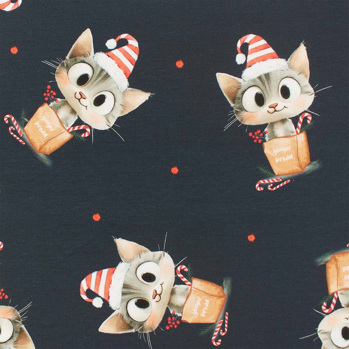 French Terry Stoff Katzen mit Zuckerstangen, nachtblau