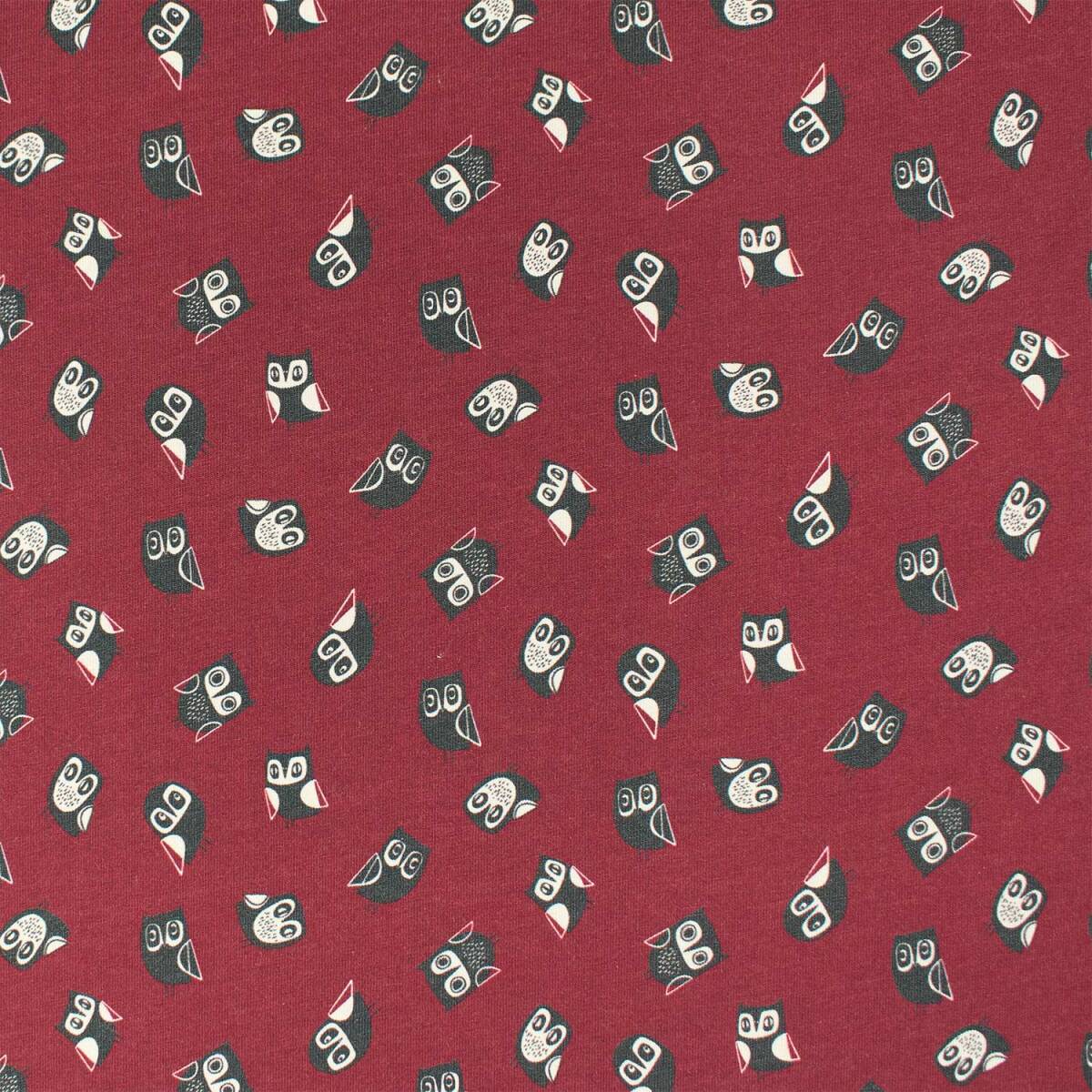 Jersey Stoff kleine Eulen, bordeaux box