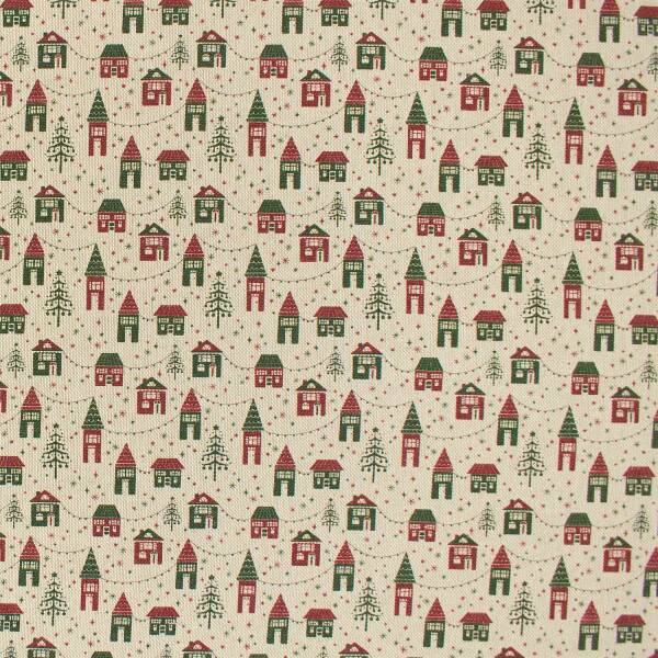 Dekostoff, Leinenoptik, Weihnachtshäuschen, natur
