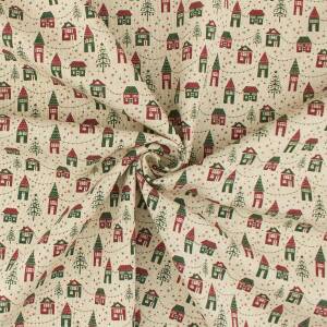 Dekostoff, Leinenoptik, Weihnachtshäuschen, natur
