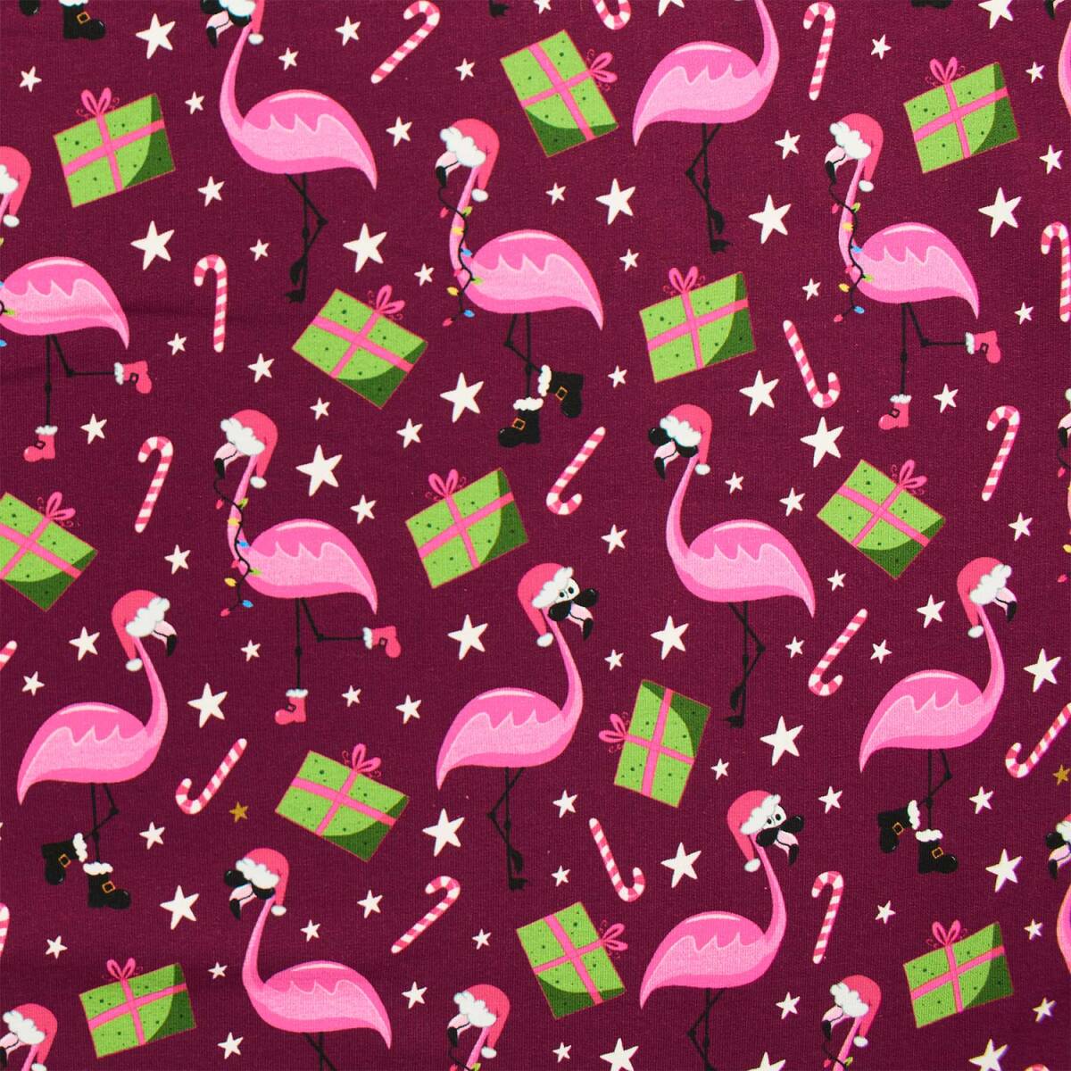 Sweatstoff Weihnachtsflamingos Holly, angeraut, dunkelbeere