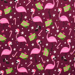 Sweatstoff Weihnachtsflamingos Holly, angeraut, dunkelbeere