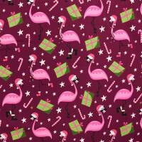 Sweatstoff Weihnachtsflamingos Holly, angeraut, dunkelbeere