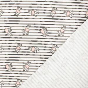 Jersey Stoff süße Zebras, gestreift, grau/weiß