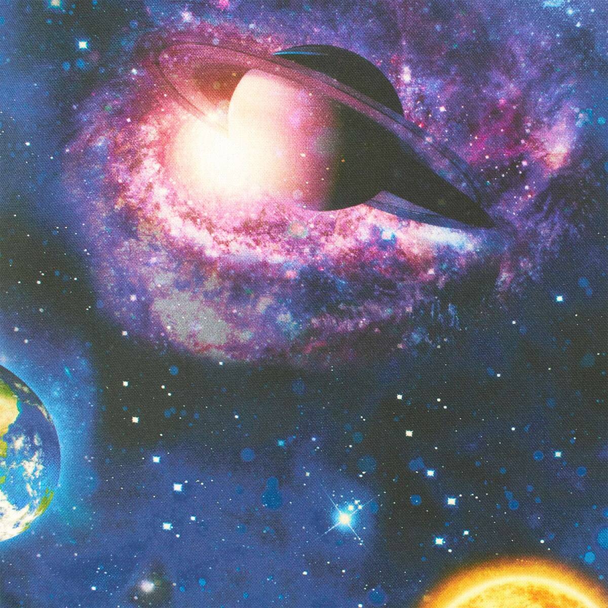 Halbpanama Stoff Planeten im Weltall, dunkelblau