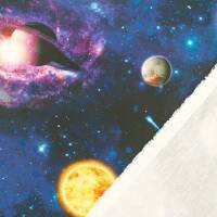 Halbpanama Stoff Planeten im Weltall, dunkelblau