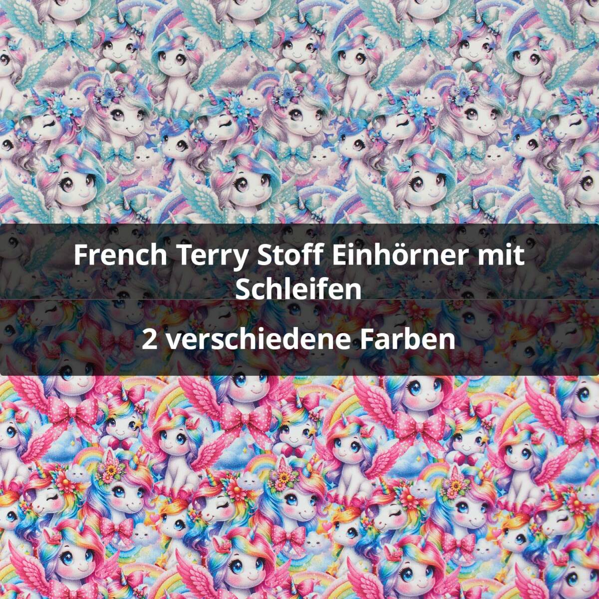 French Terry Stoff Einhörner mit Schleifen, ungeraut