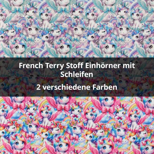 French Terry Stoff Einhörner mit Schleifen, ungeraut