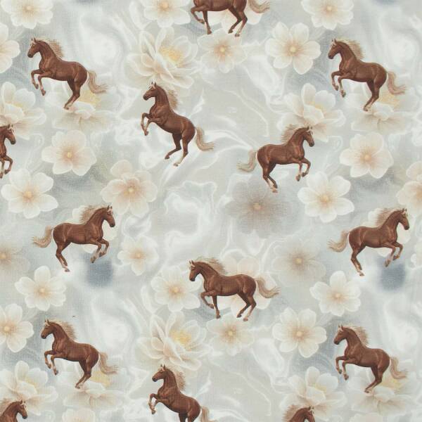 Jersey Stoff Pferde und Blumen, hellgrau