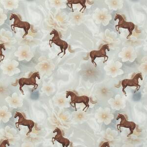 Jersey Stoff Pferde und Blumen, hellgrau