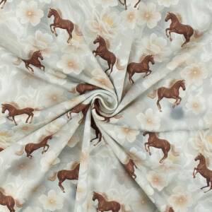 Jersey Stoff Pferde und Blumen, hellgrau