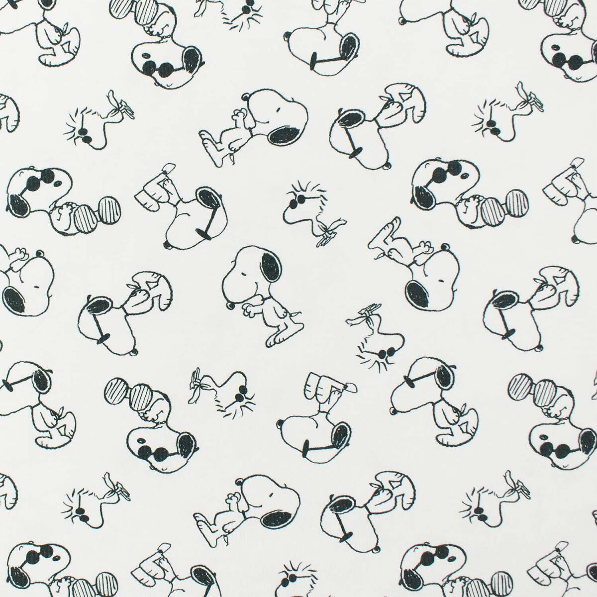 Jersey Stoff Peanuts, Snoopy und Woodstock, weiß