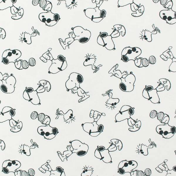 Jersey Stoff Peanuts, Snoopy und Woodstock, weiß