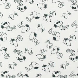 Jersey Stoff Peanuts, Snoopy und Woodstock, weiß