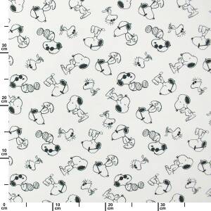 Jersey Stoff Peanuts, Snoopy und Woodstock, weiß
