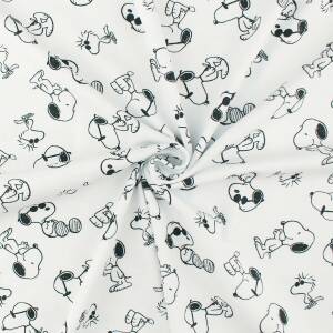 Jersey Stoff Peanuts, Snoopy und Woodstock, weiß