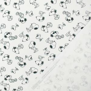 Jersey Stoff Peanuts, Snoopy und Woodstock, weiß