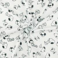 Jersey Stoff Peanuts, Snoopy und Woodstock, weiß