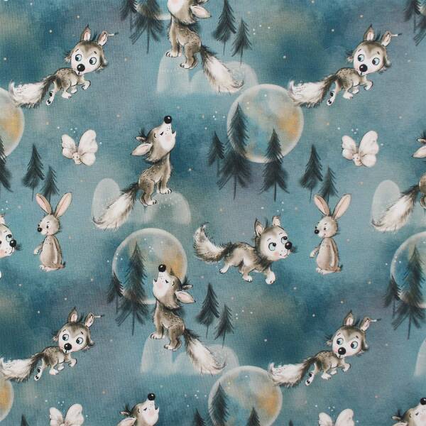 Jersey Stoff süßer Wolf und Hase, rauchblau