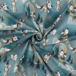 Jersey Stoff süßer Wolf und Hase, rauchblau