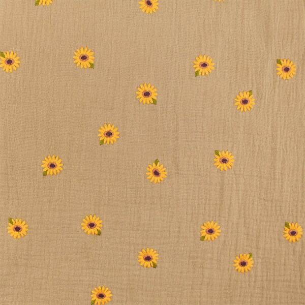 Musselin Stoff gestickte Sonnenblumen, Double Gauze, camel