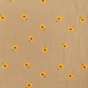 Musselin Stoff gestickte Sonnenblumen, Double Gauze, camel