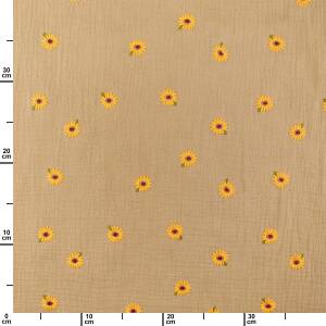Musselin Stoff gestickte Sonnenblumen, Double Gauze, camel