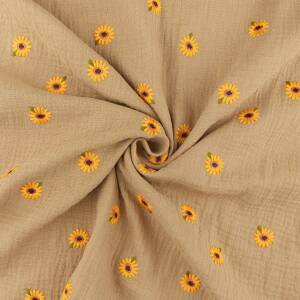 Musselin Stoff gestickte Sonnenblumen, Double Gauze, camel