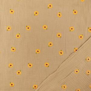 Musselin Stoff gestickte Sonnenblumen, Double Gauze, camel