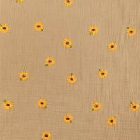 Musselin Stoff gestickte Sonnenblumen, Double Gauze, camel