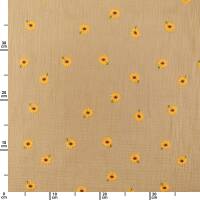 Musselin Stoff gestickte Sonnenblumen, Double Gauze, camel