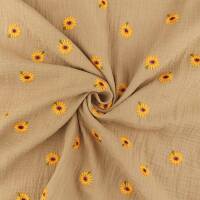 Musselin Stoff gestickte Sonnenblumen, Double Gauze, camel