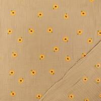 Musselin Stoff gestickte Sonnenblumen, Double Gauze, camel