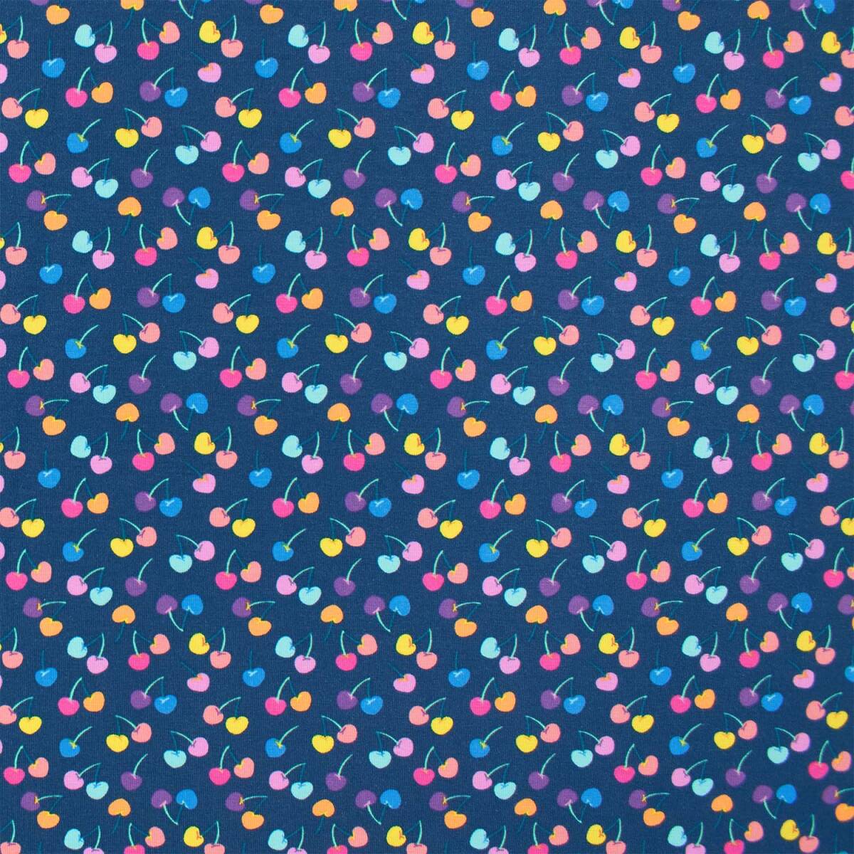 Jersey Stoff bunte Kirschen, dunkelblau