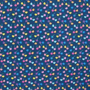 Jersey Stoff bunte Kirschen, dunkelblau