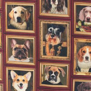 Halbpanama Stoff gerahmte Hundeköpfe, mehrfarbig
