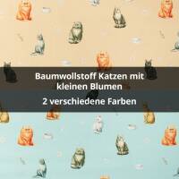Baumwollstoff Katzen mit kleinen Blumen